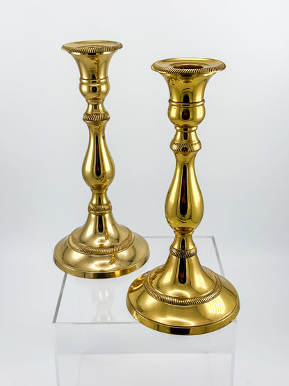 Vintage Heavy Brass Candlestick Holders with Rope Twist Detail, Baluster Stem Taper Candle Holders, Pair