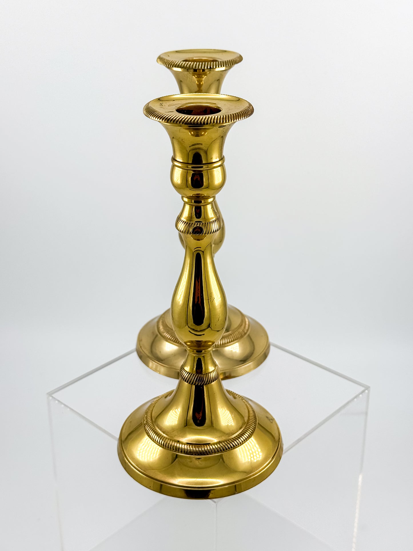 Vintage Heavy Brass Candlestick Holders with Rope Twist Detail, Baluster Stem Taper Candle Holders, Pair