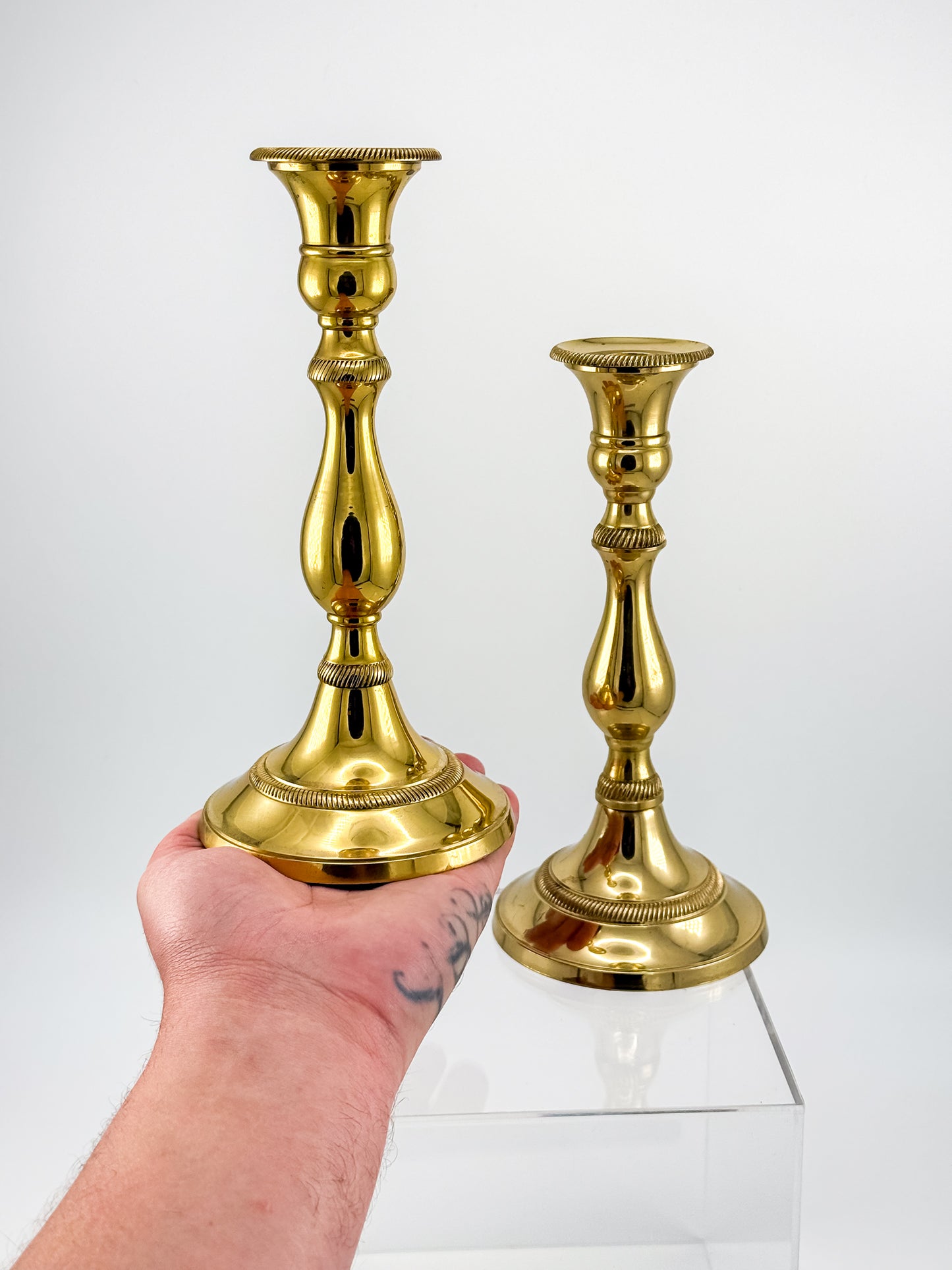 Vintage Heavy Brass Candlestick Holders with Rope Twist Detail, Baluster Stem Taper Candle Holders, Pair