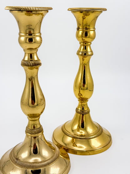 Vintage Heavy Brass Candlestick Holders with Rope Twist Detail, Baluster Stem Taper Candle Holders, Pair