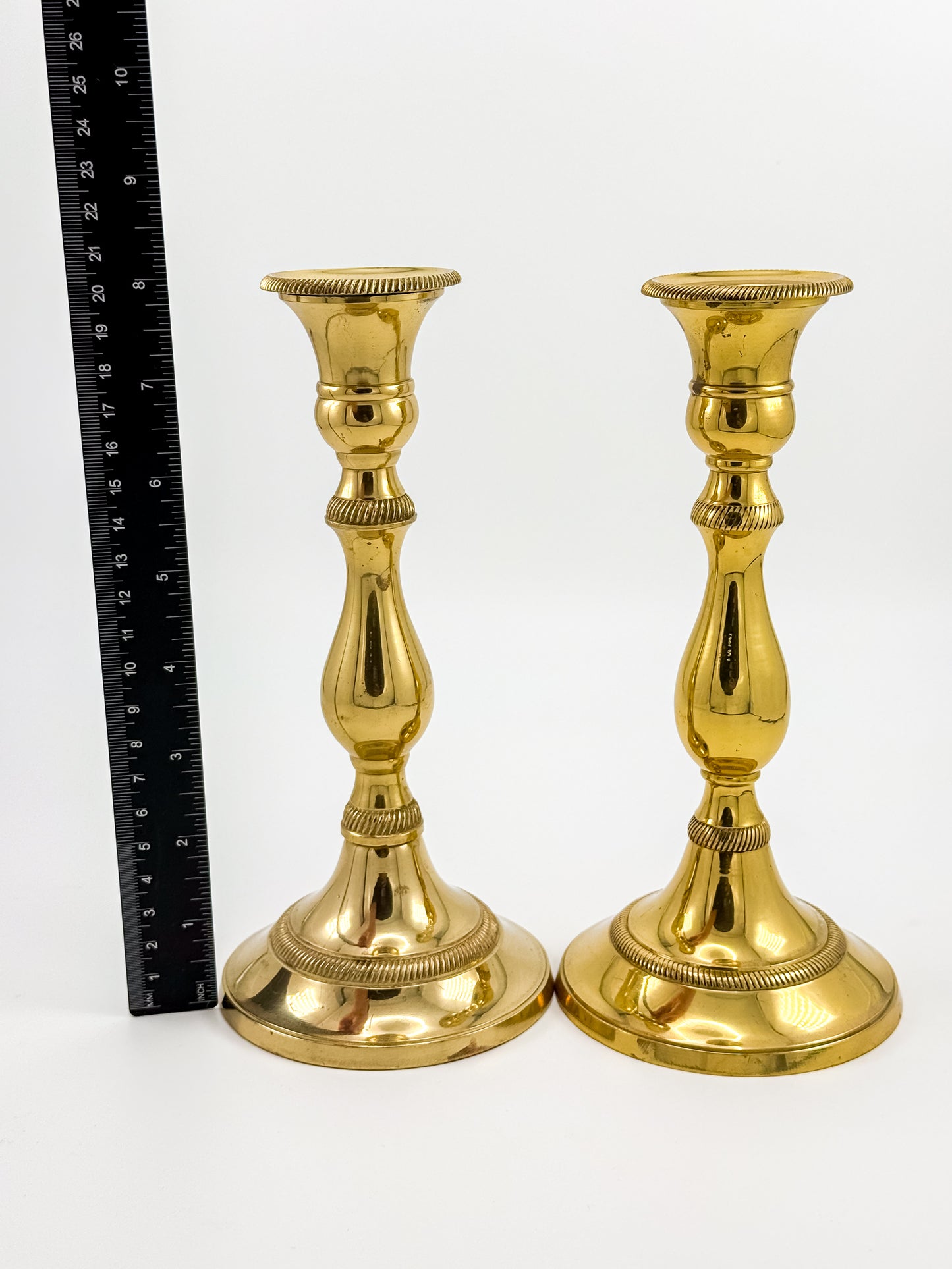 Vintage Heavy Brass Candlestick Holders with Rope Twist Detail, Baluster Stem Taper Candle Holders, Pair