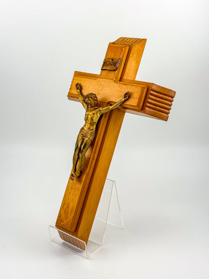 Vintage Catholic Sick Call Last Rites Crucifix Set, Wood Cross with Hidden Compartment, Holy Water Bottle and Beeswax Candles