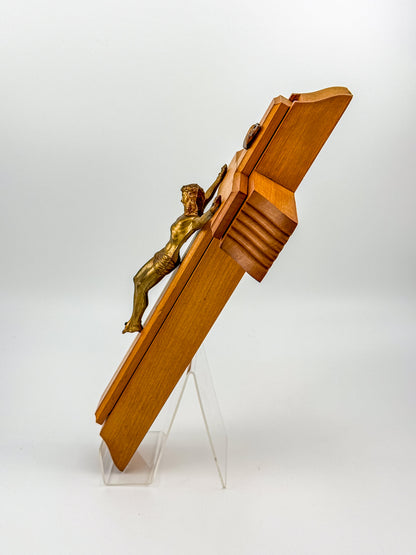 Vintage Catholic Sick Call Last Rites Crucifix Set, Wood Cross with Hidden Compartment, Holy Water Bottle and Beeswax Candles