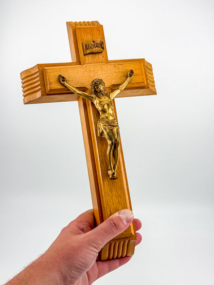 Vintage Catholic Sick Call Last Rites Crucifix Set, Wood Cross with Hidden Compartment, Holy Water Bottle and Beeswax Candles