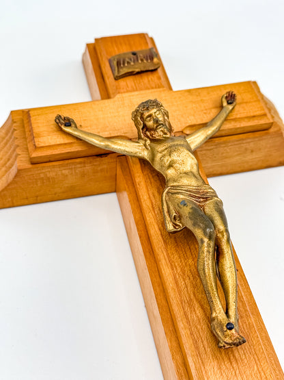 Vintage Catholic Sick Call Last Rites Crucifix Set, Wood Cross with Hidden Compartment, Holy Water Bottle and Beeswax Candles