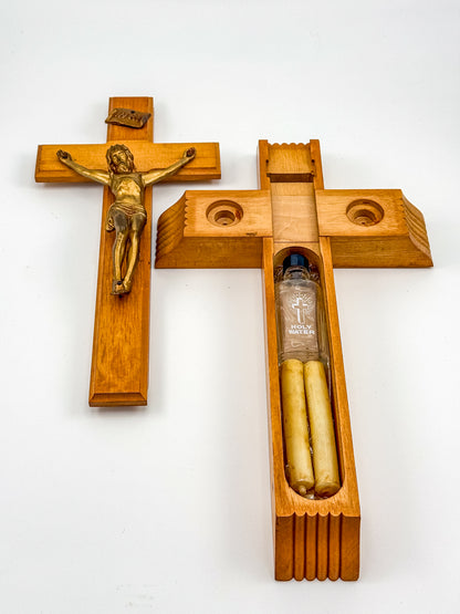 Vintage Catholic Sick Call Last Rites Crucifix Set, Wood Cross with Hidden Compartment, Holy Water Bottle and Beeswax Candles