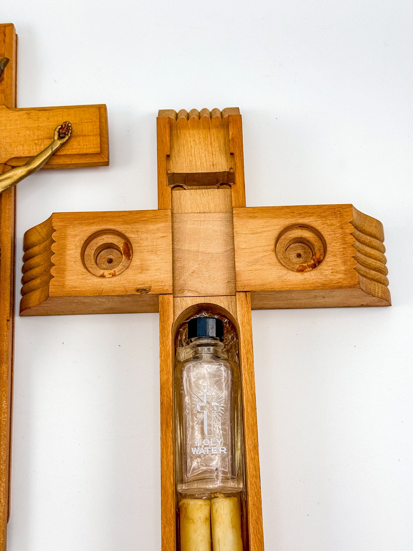 Vintage Catholic Sick Call Last Rites Crucifix Set, Wood Cross with Hidden Compartment, Holy Water Bottle and Beeswax Candles