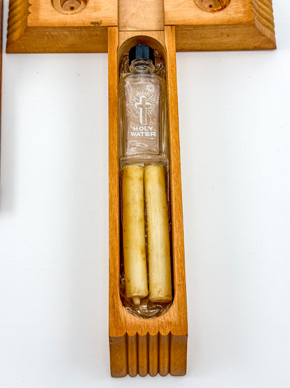 Vintage Catholic Sick Call Last Rites Crucifix Set, Wood Cross with Hidden Compartment, Holy Water Bottle and Beeswax Candles