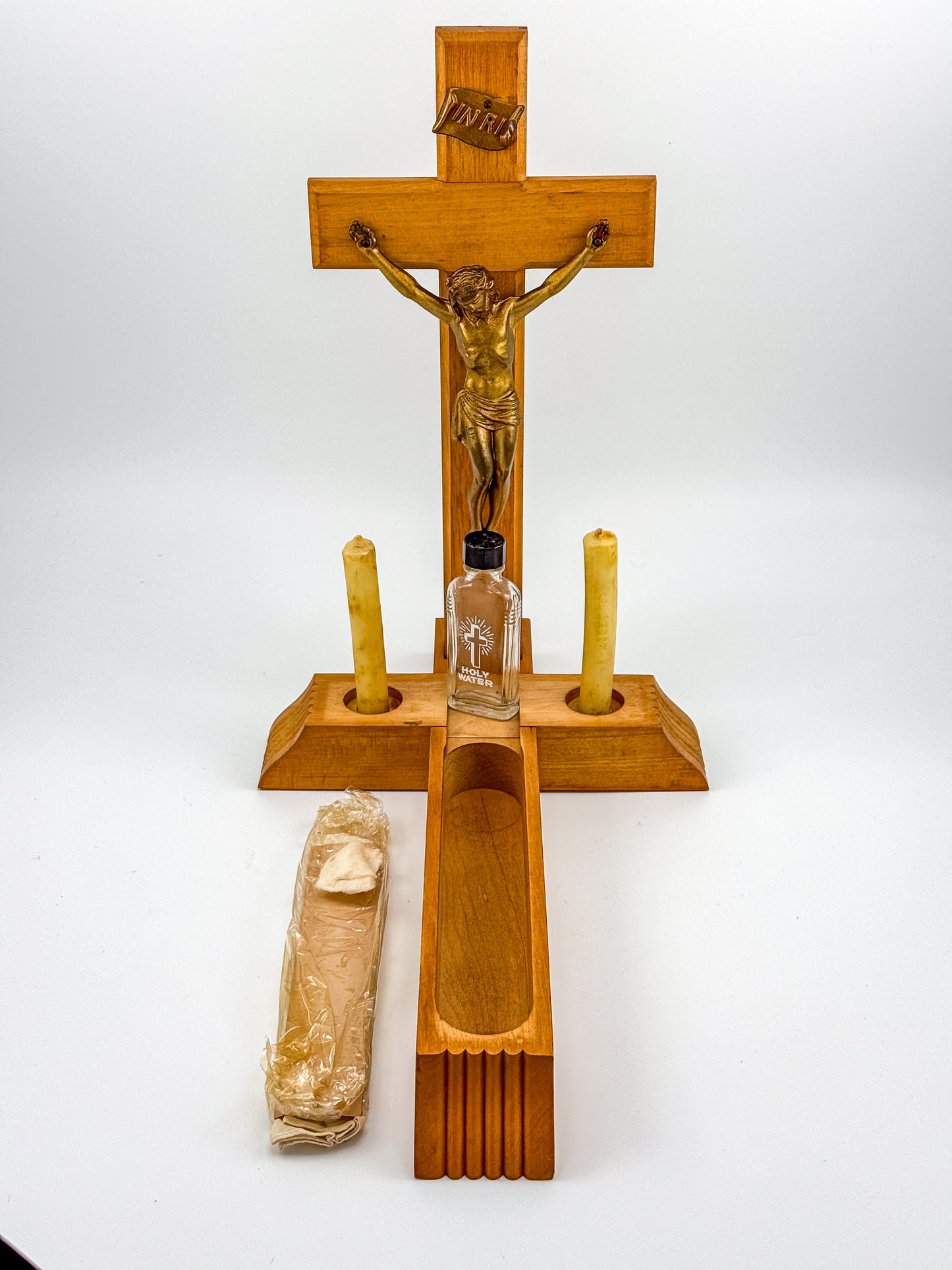 Vintage Catholic Sick Call Last Rites Crucifix Set, Wood Cross with Hidden Compartment, Holy Water Bottle and Beeswax Candles