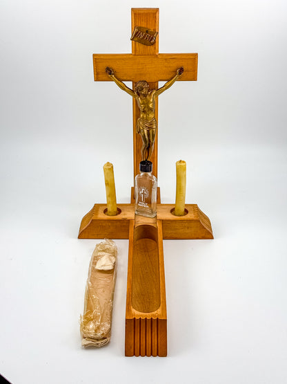 Vintage Catholic Sick Call Last Rites Crucifix Set, Wood Cross with Hidden Compartment, Holy Water Bottle and Beeswax Candles