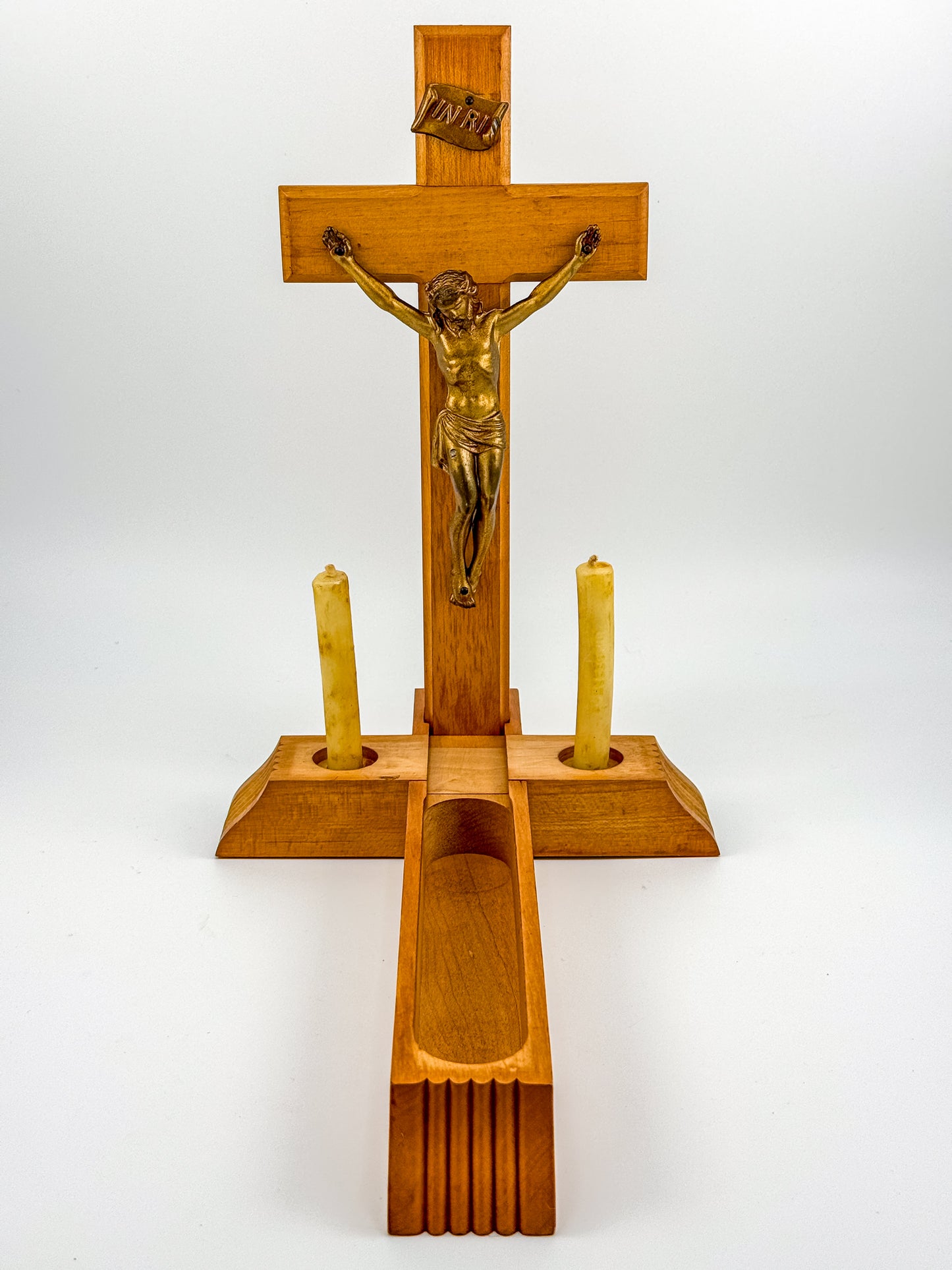 Vintage Catholic Sick Call Last Rites Crucifix Set, Wood Cross with Hidden Compartment, Holy Water Bottle and Beeswax Candles