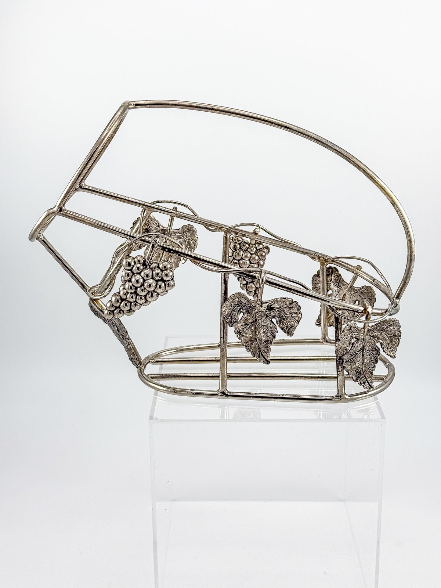 Vintage Godinger Silver Plated Wine Bottle Cradle with Grapevine Motif, Ornate Vine Leaf and Grape Cluster Wine Server