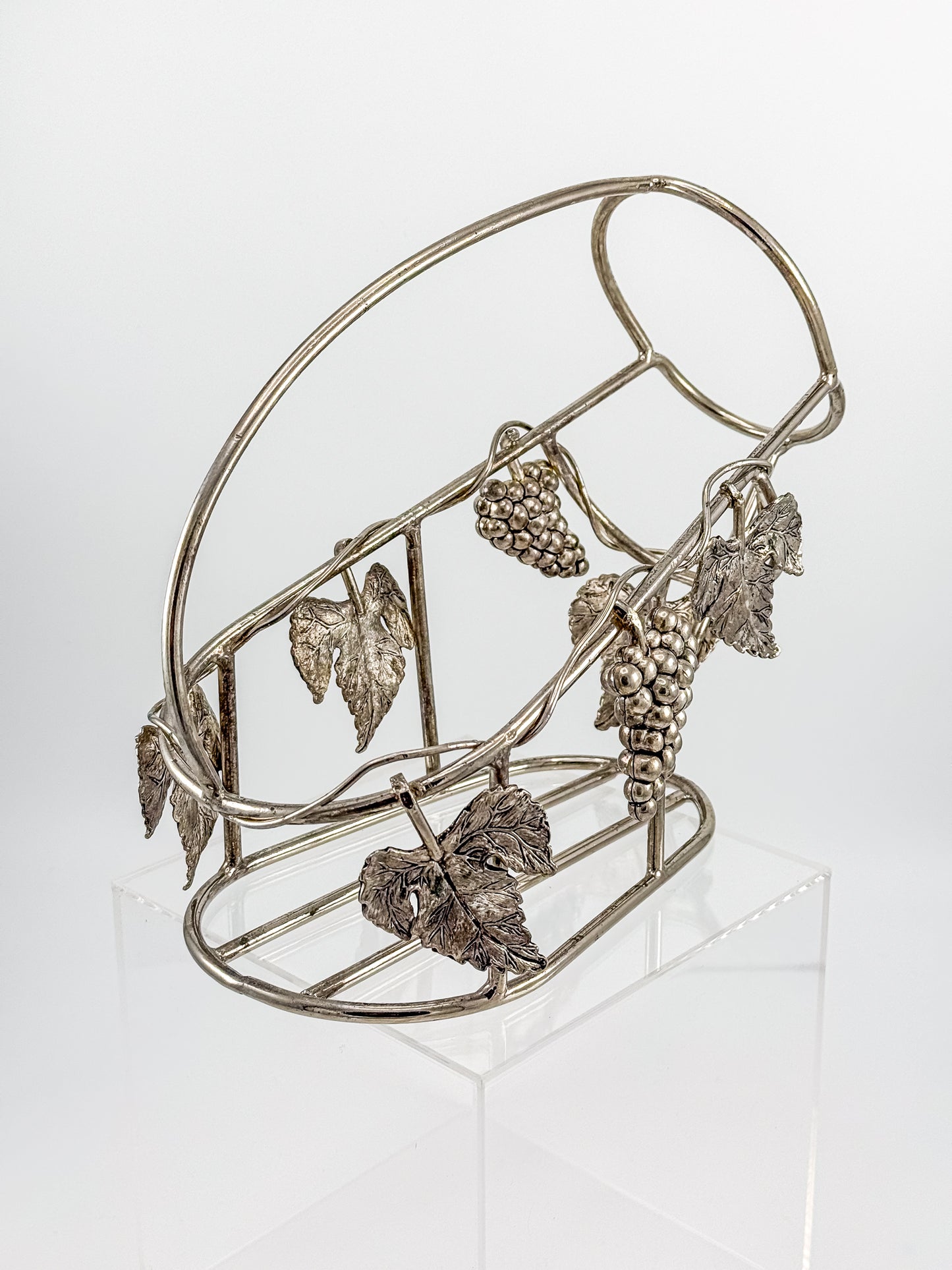 Vintage Godinger Silver Plated Wine Bottle Cradle with Grapevine Motif, Ornate Vine Leaf and Grape Cluster Wine Server