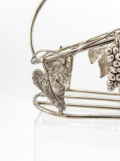 Vintage Godinger Silver Plated Wine Bottle Cradle with Grapevine Motif, Ornate Vine Leaf and Grape Cluster Wine Server