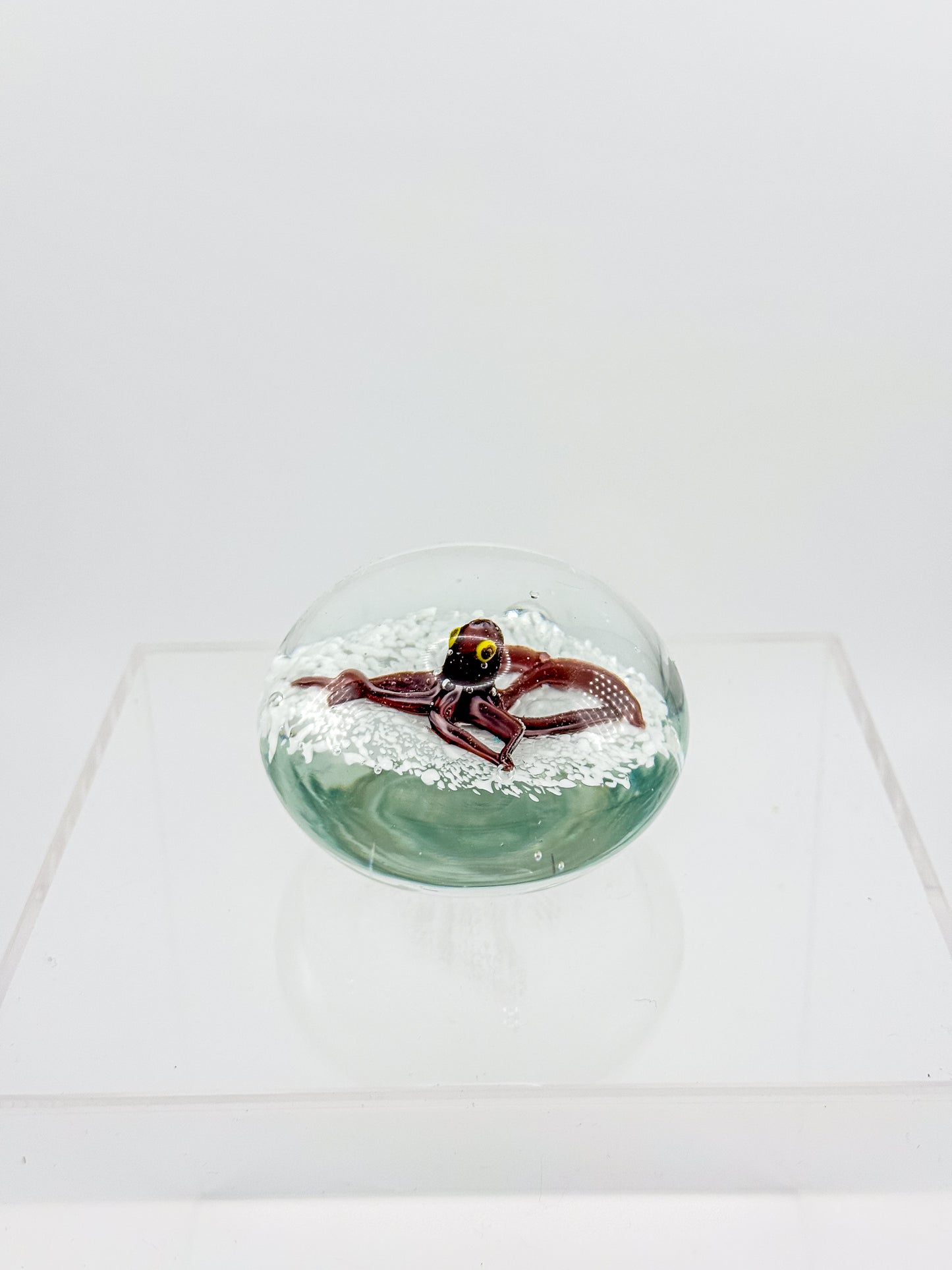 Vintage Art Glass Paperweight with Lampwork Octopus, Burgundy Octopus over White Bubble Ground, Collectible Glass Paperweight