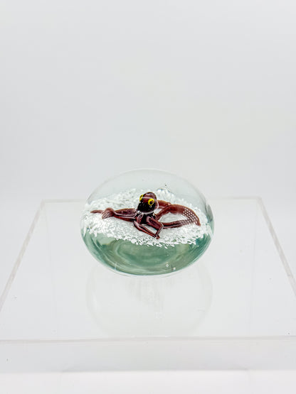 Vintage Art Glass Paperweight with Lampwork Octopus, Burgundy Octopus over White Bubble Ground, Collectible Glass Paperweight