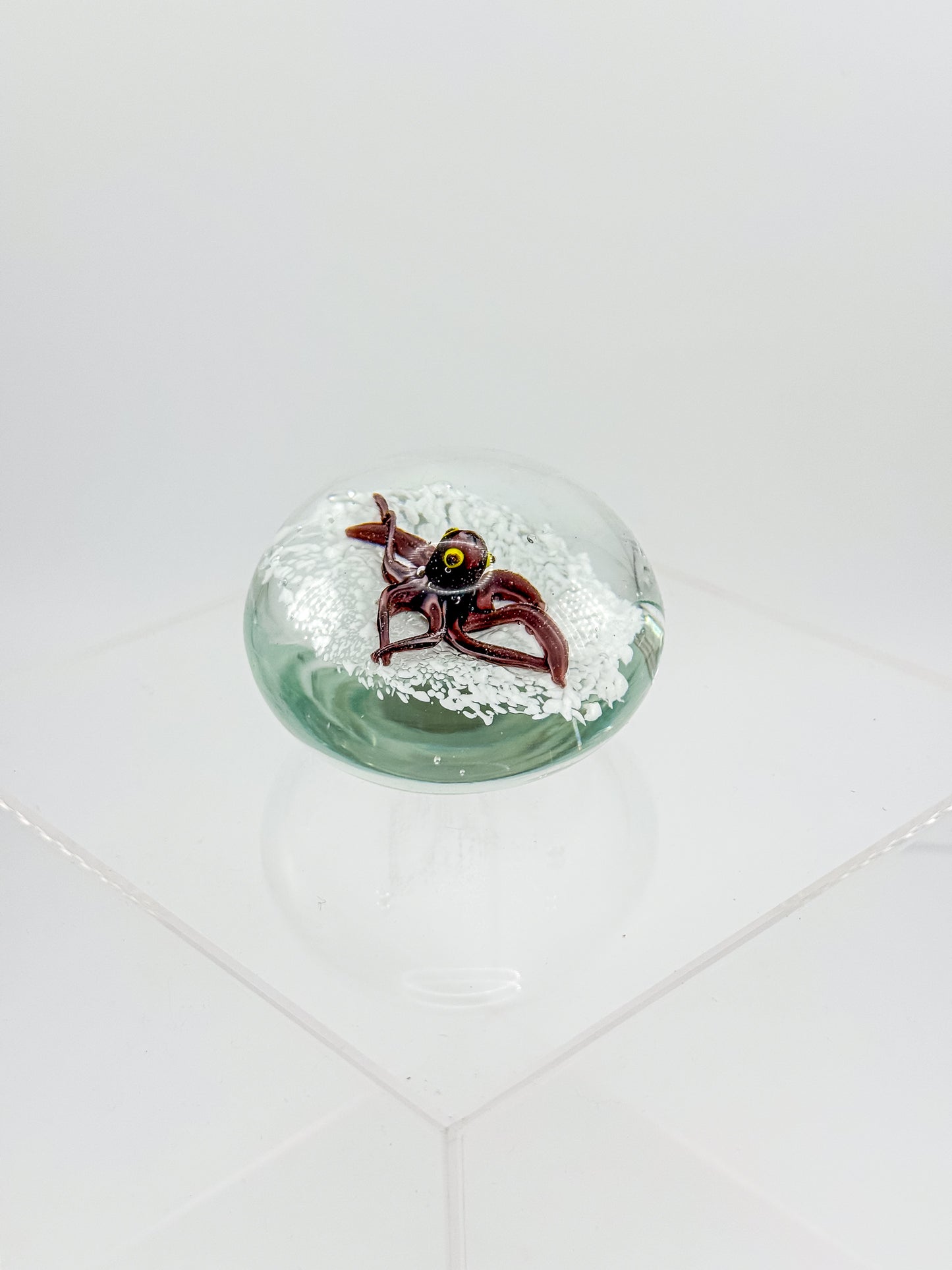 Vintage Art Glass Paperweight with Lampwork Octopus, Burgundy Octopus over White Bubble Ground, Collectible Glass Paperweight