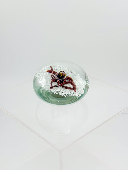 Vintage Art Glass Paperweight with Lampwork Octopus, Burgundy Octopus over White Bubble Ground, Collectible Glass Paperweight