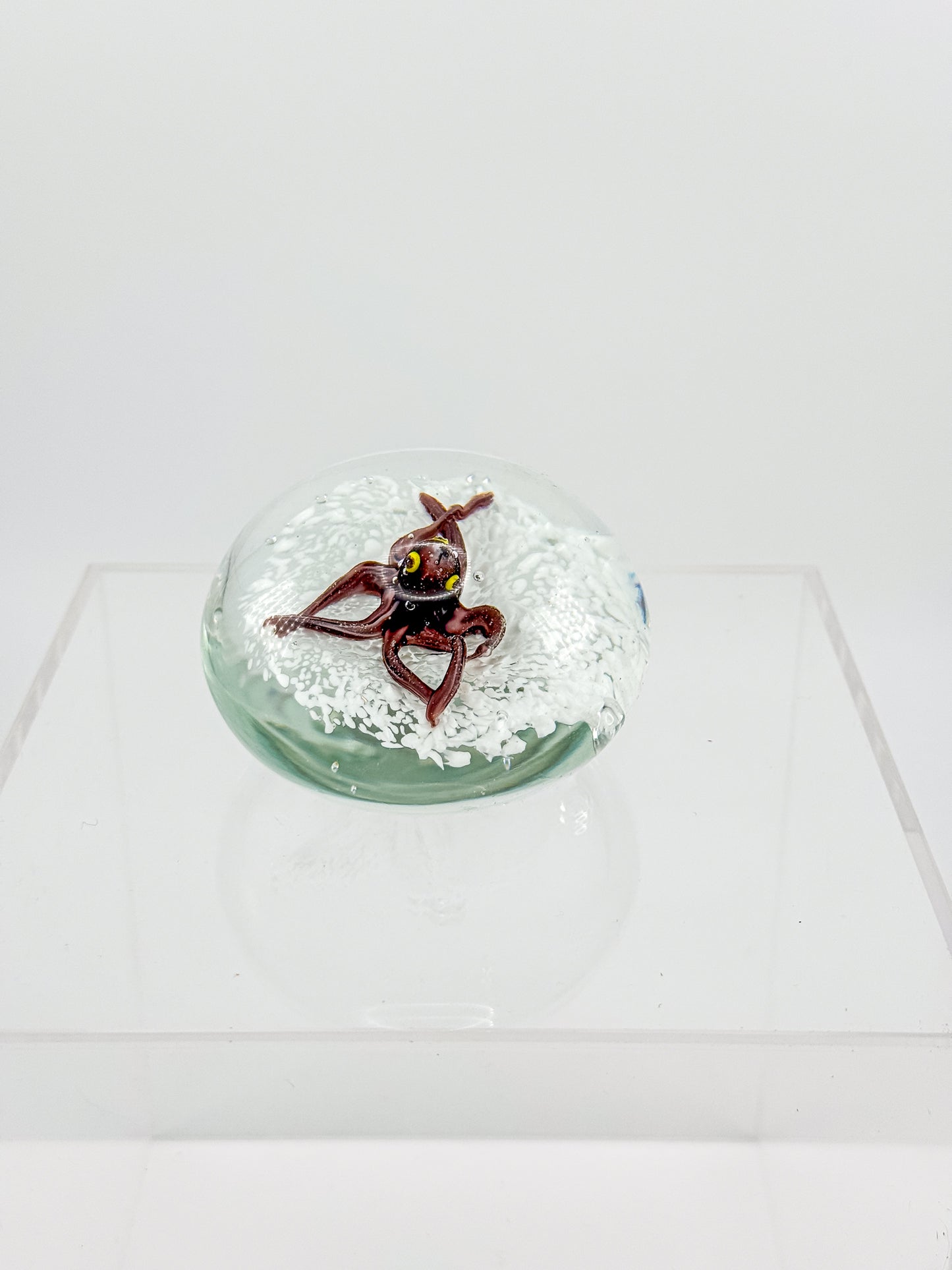 Vintage Art Glass Paperweight with Lampwork Octopus, Burgundy Octopus over White Bubble Ground, Collectible Glass Paperweight