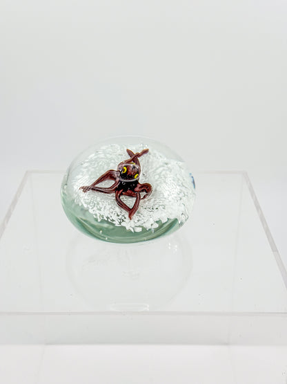 Vintage Art Glass Paperweight with Lampwork Octopus, Burgundy Octopus over White Bubble Ground, Collectible Glass Paperweight