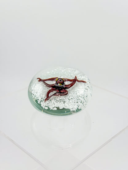 Vintage Art Glass Paperweight with Lampwork Octopus, Burgundy Octopus over White Bubble Ground, Collectible Glass Paperweight