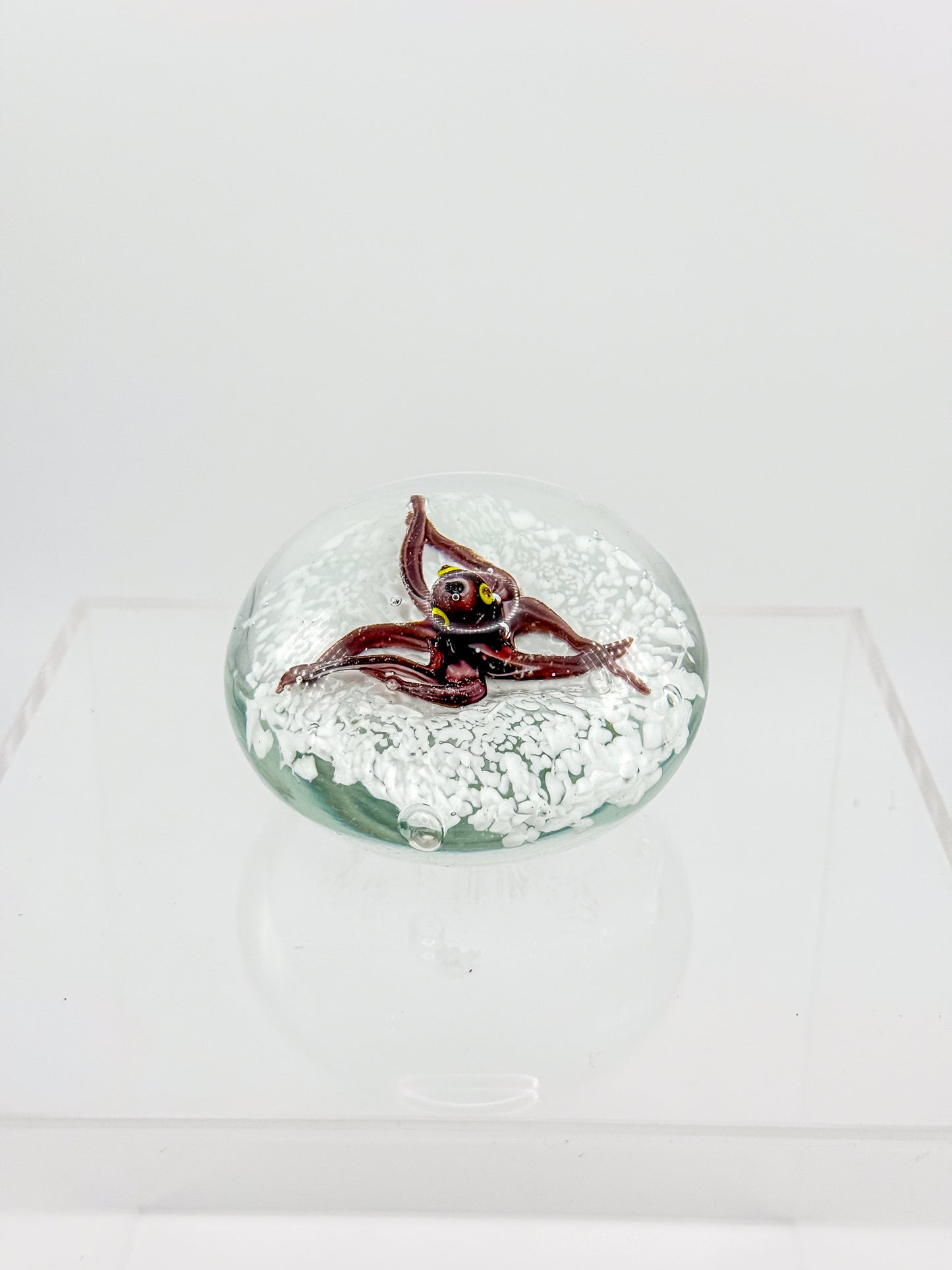 Vintage Art Glass Paperweight with Lampwork Octopus, Burgundy Octopus over White Bubble Ground, Collectible Glass Paperweight
