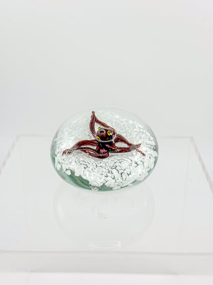 Vintage Art Glass Paperweight with Lampwork Octopus, Burgundy Octopus over White Bubble Ground, Collectible Glass Paperweight