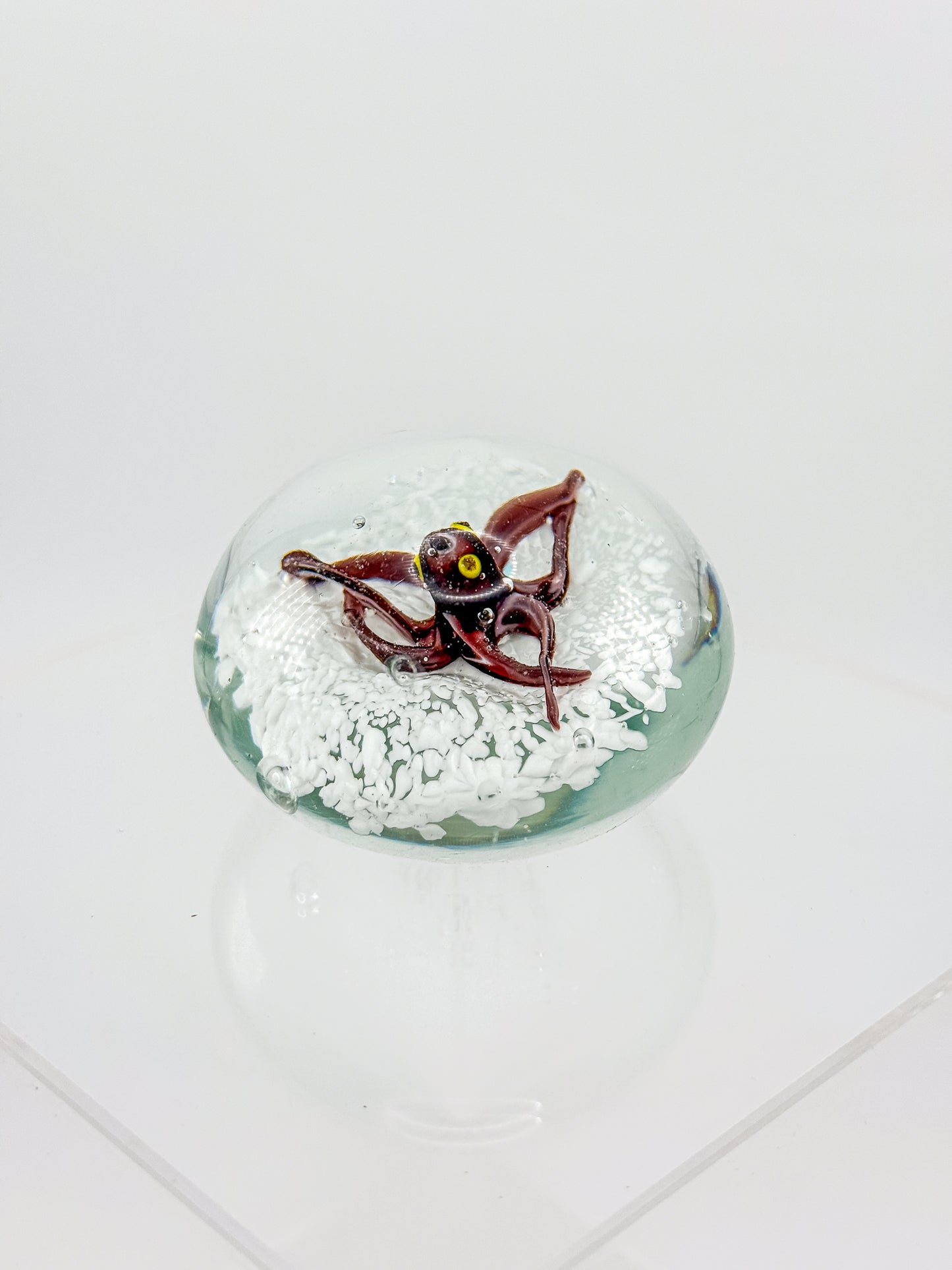 Vintage Art Glass Paperweight with Lampwork Octopus, Burgundy Octopus over White Bubble Ground, Collectible Glass Paperweight