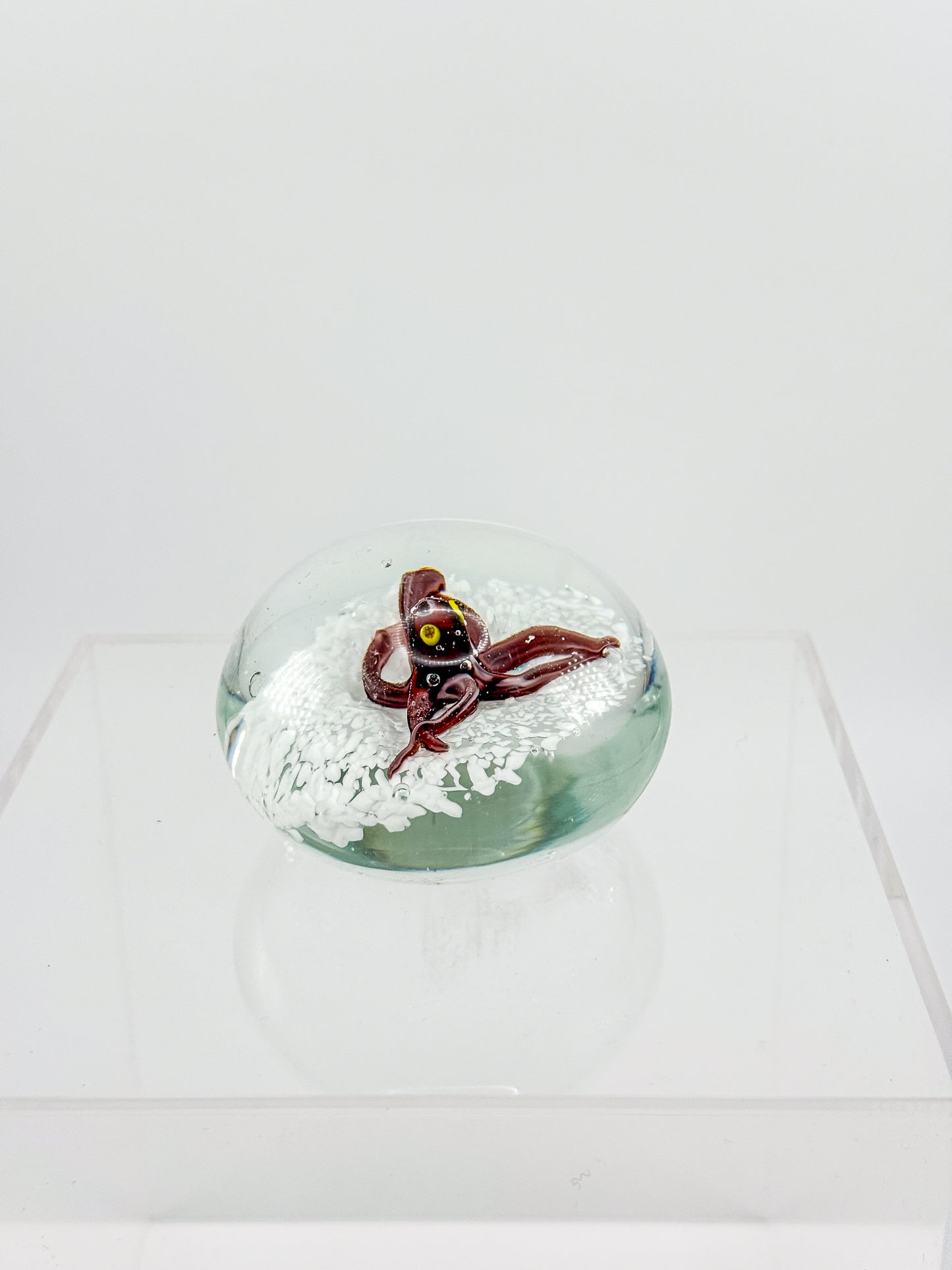 Vintage Art Glass Paperweight with Lampwork Octopus, Burgundy Octopus over White Bubble Ground, Collectible Glass Paperweight