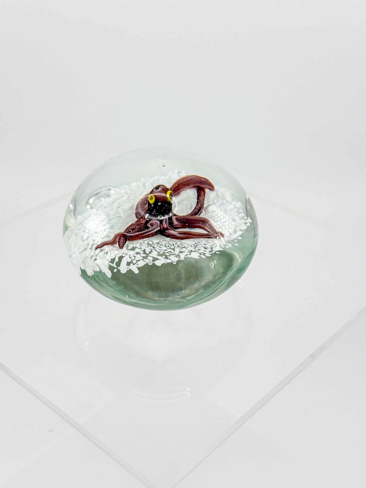 Vintage Art Glass Paperweight with Lampwork Octopus, Burgundy Octopus over White Bubble Ground, Collectible Glass Paperweight