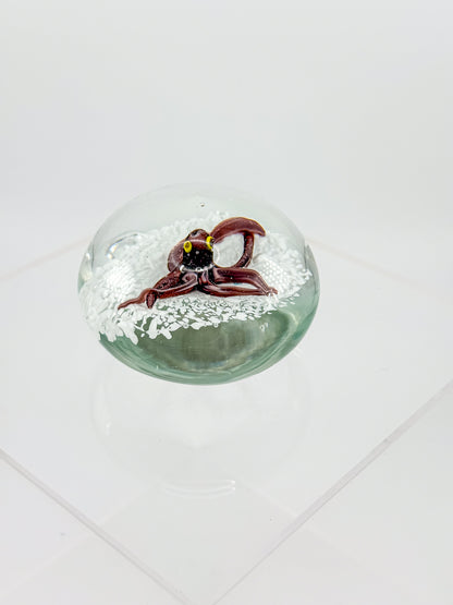 Vintage Art Glass Paperweight with Lampwork Octopus, Burgundy Octopus over White Bubble Ground, Collectible Glass Paperweight