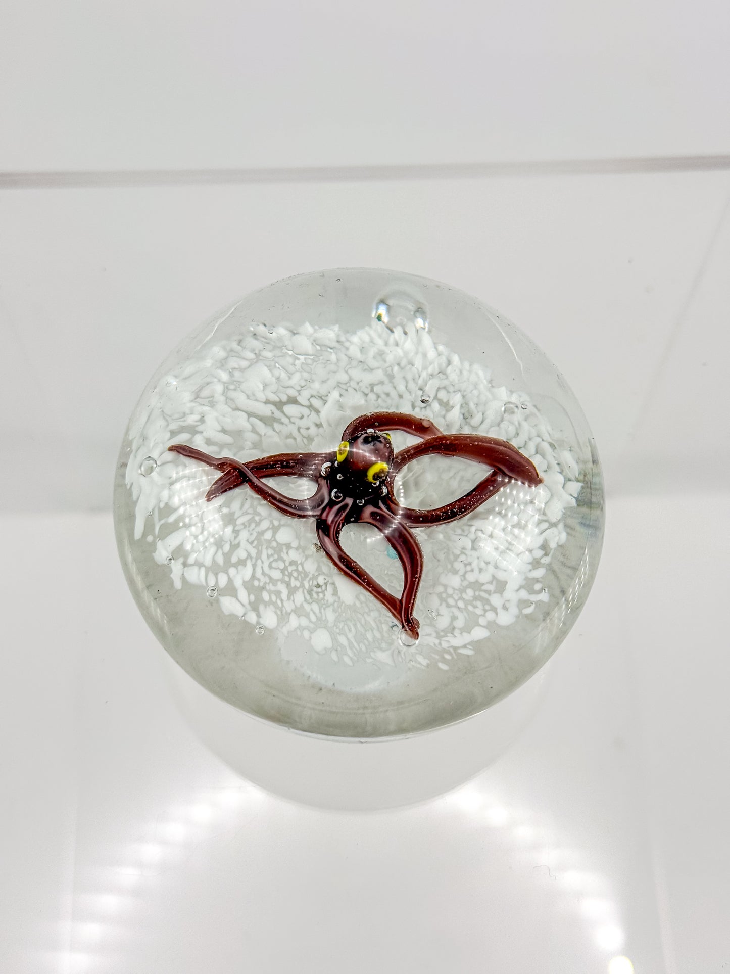 Vintage Art Glass Paperweight with Lampwork Octopus, Burgundy Octopus over White Bubble Ground, Collectible Glass Paperweight