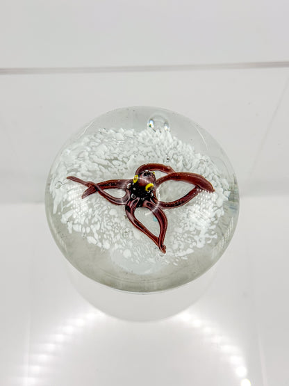 Vintage Art Glass Paperweight with Lampwork Octopus, Burgundy Octopus over White Bubble Ground, Collectible Glass Paperweight