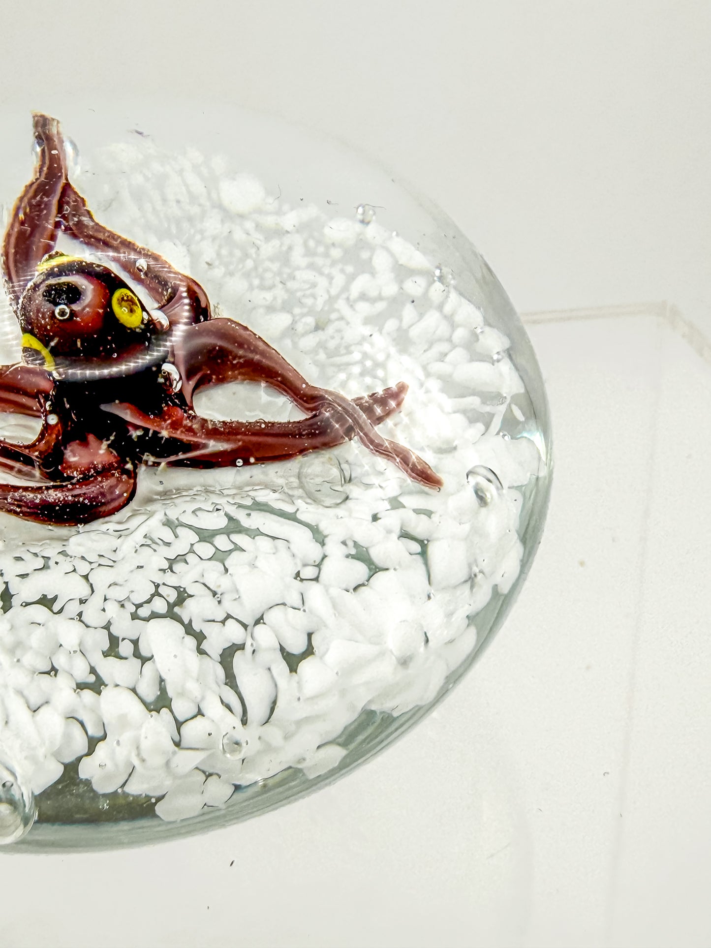 Vintage Art Glass Paperweight with Lampwork Octopus, Burgundy Octopus over White Bubble Ground, Collectible Glass Paperweight