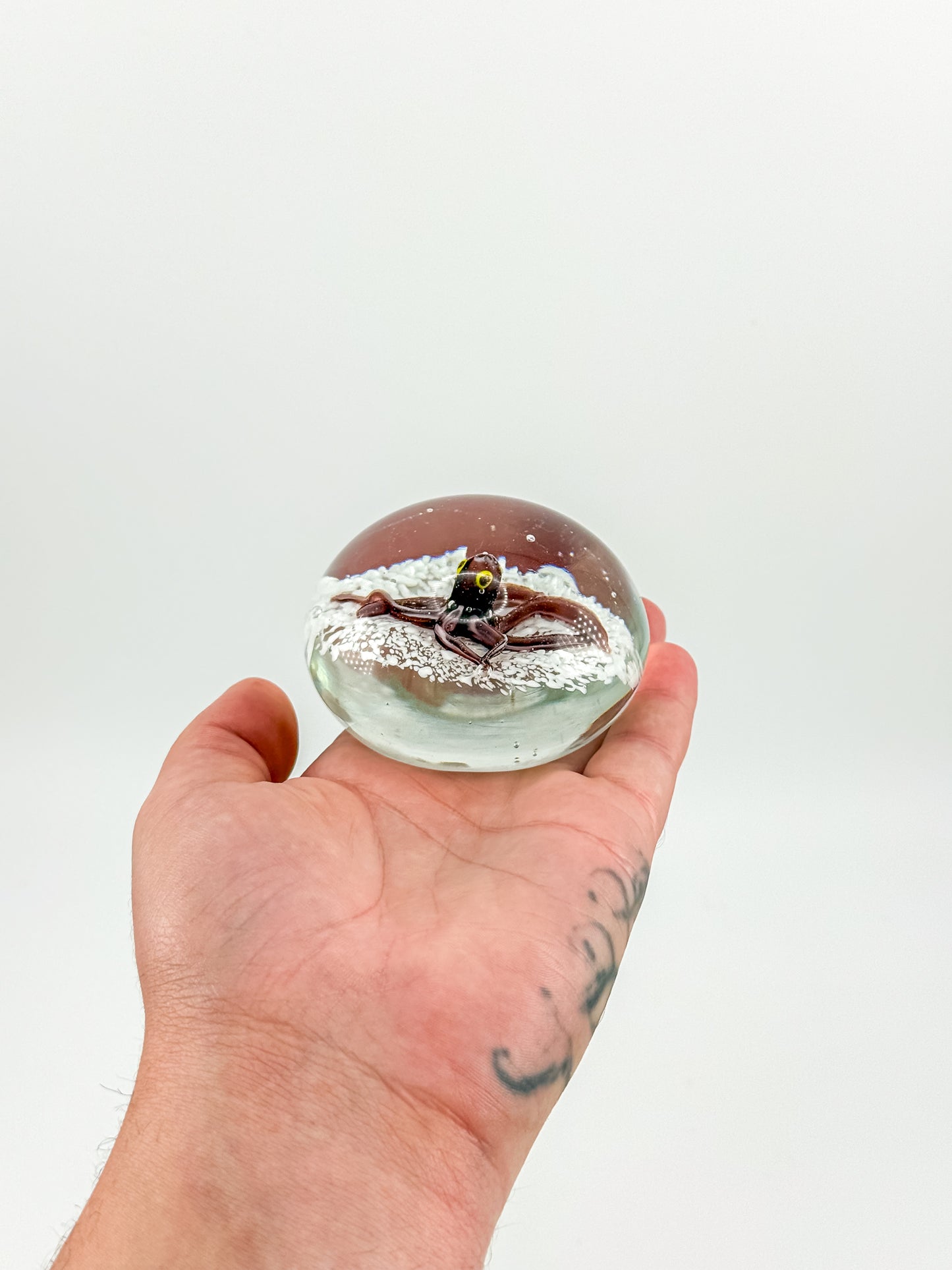 Vintage Art Glass Paperweight with Lampwork Octopus, Burgundy Octopus over White Bubble Ground, Collectible Glass Paperweight
