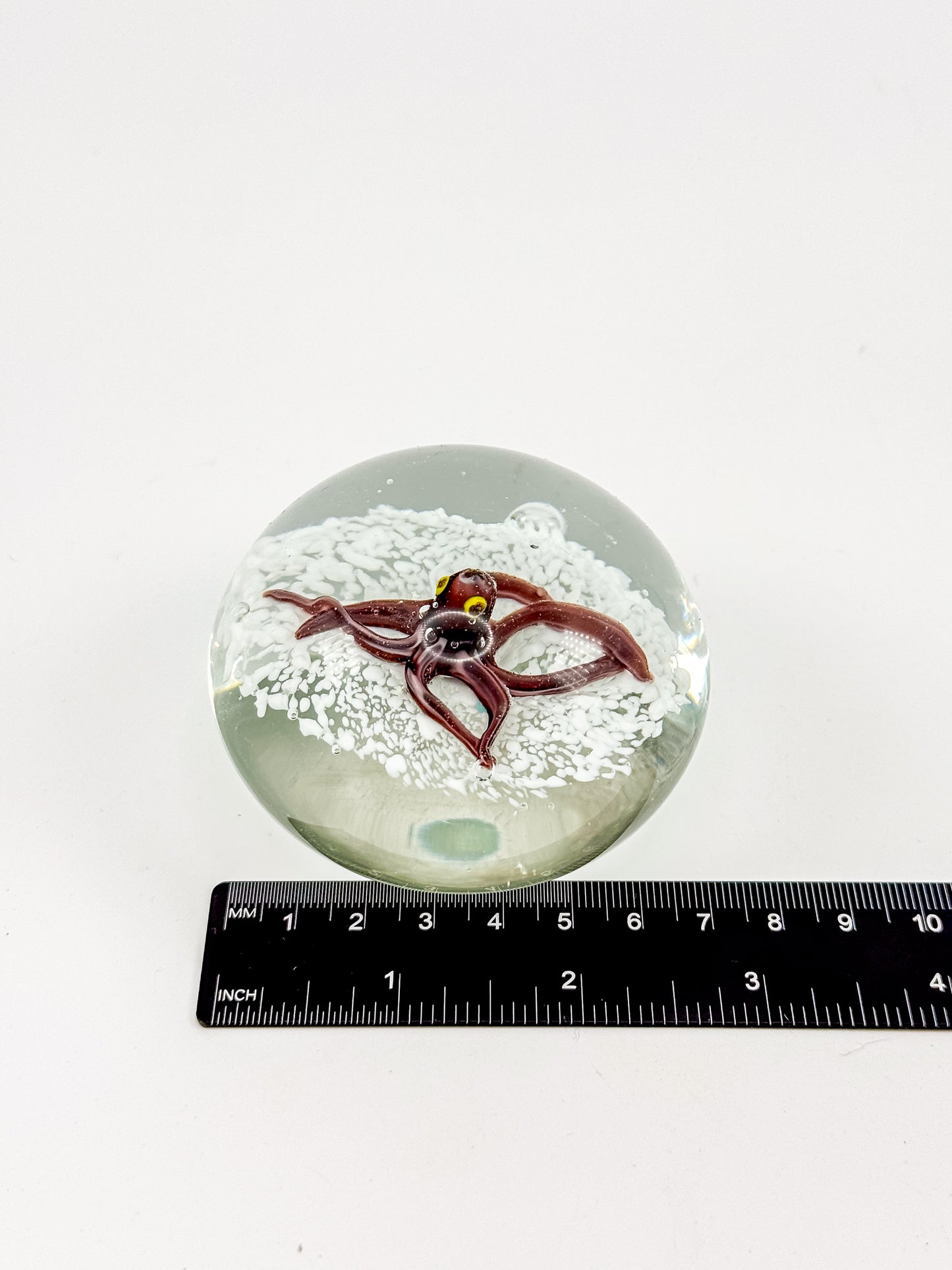 Vintage Art Glass Paperweight with Lampwork Octopus, Burgundy Octopus over White Bubble Ground, Collectible Glass Paperweight