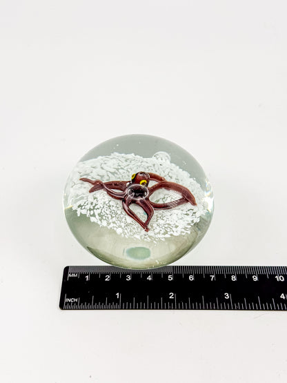 Vintage Art Glass Paperweight with Lampwork Octopus, Burgundy Octopus over White Bubble Ground, Collectible Glass Paperweight