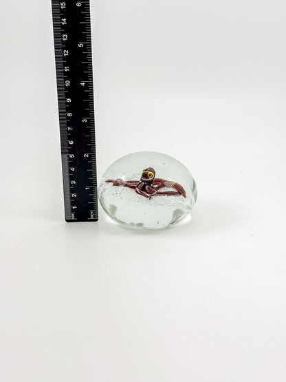 Vintage Art Glass Paperweight with Lampwork Octopus, Burgundy Octopus over White Bubble Ground, Collectible Glass Paperweight
