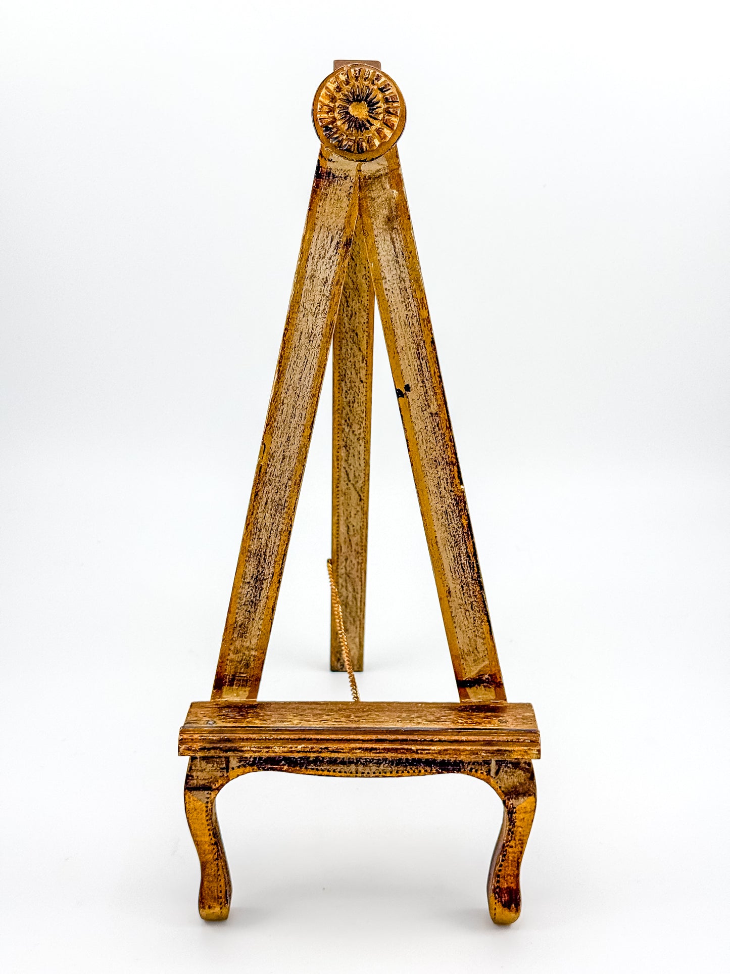 Vintage Florentine Style Wood Tabletop Easel with Gold Patina, Carved Rosette Pivot and Scrolled Feet, Art Stand Picture Holder