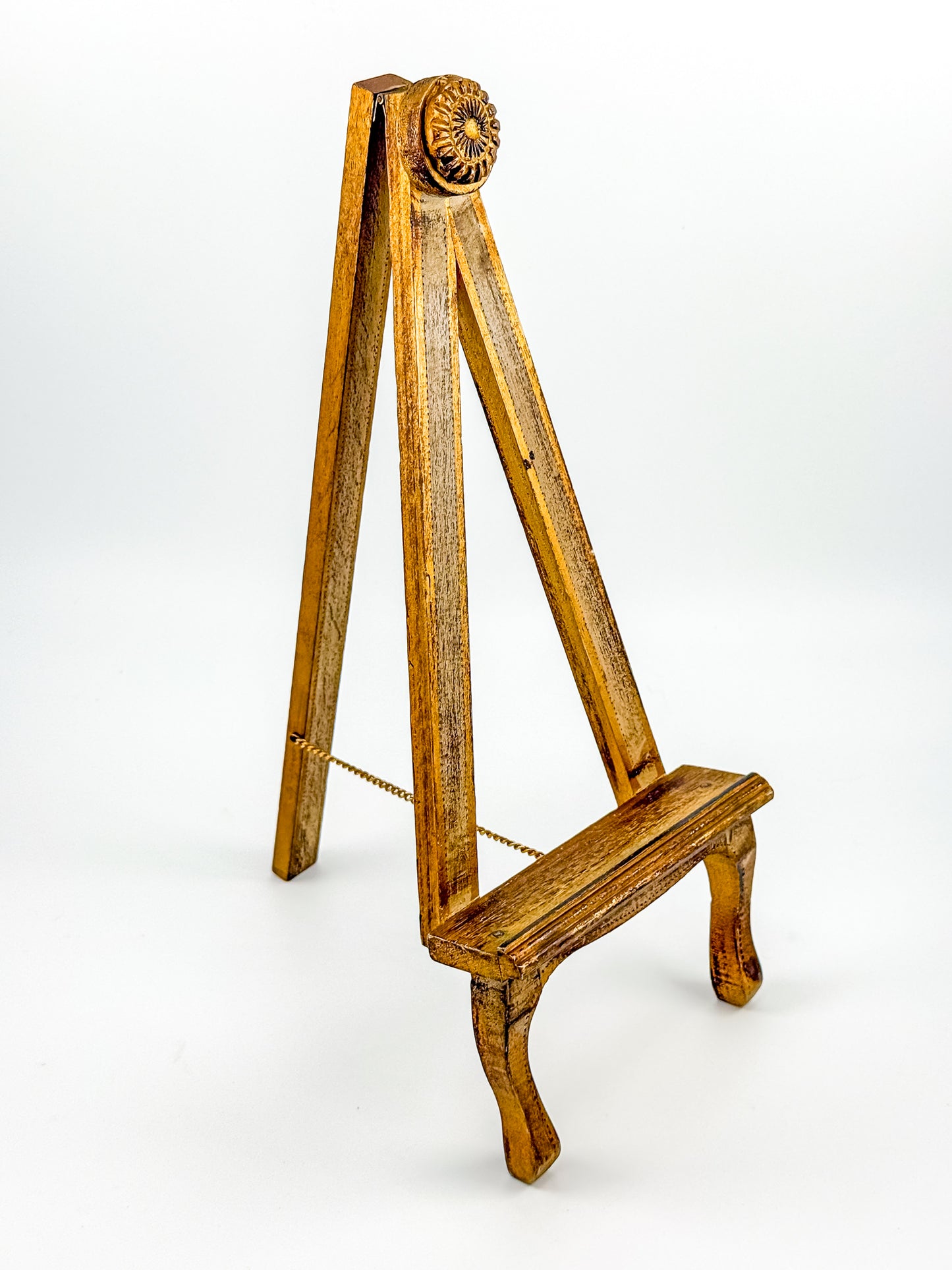 Vintage Florentine Style Wood Tabletop Easel with Gold Patina, Carved Rosette Pivot and Scrolled Feet, Art Stand Picture Holder