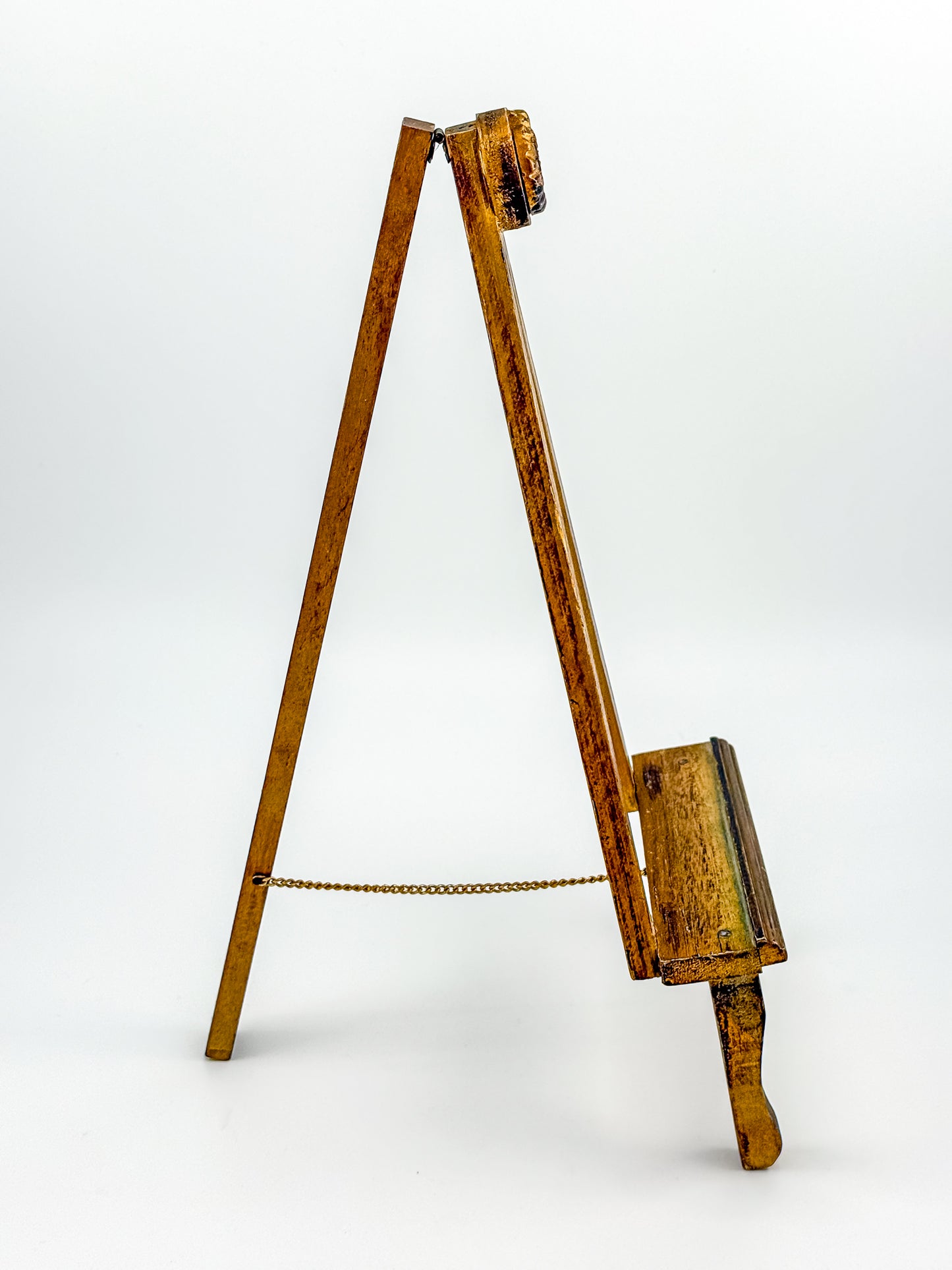 Vintage Florentine Style Wood Tabletop Easel with Gold Patina, Carved Rosette Pivot and Scrolled Feet, Art Stand Picture Holder