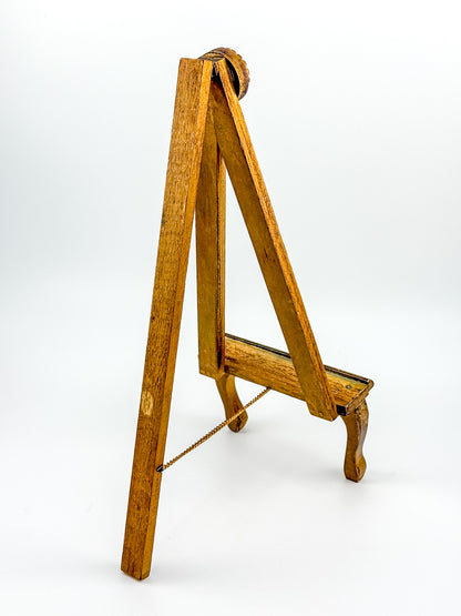 Vintage Florentine Style Wood Tabletop Easel with Gold Patina, Carved Rosette Pivot and Scrolled Feet, Art Stand Picture Holder