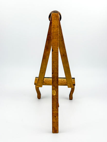 Vintage Florentine Style Wood Tabletop Easel with Gold Patina, Carved Rosette Pivot and Scrolled Feet, Art Stand Picture Holder
