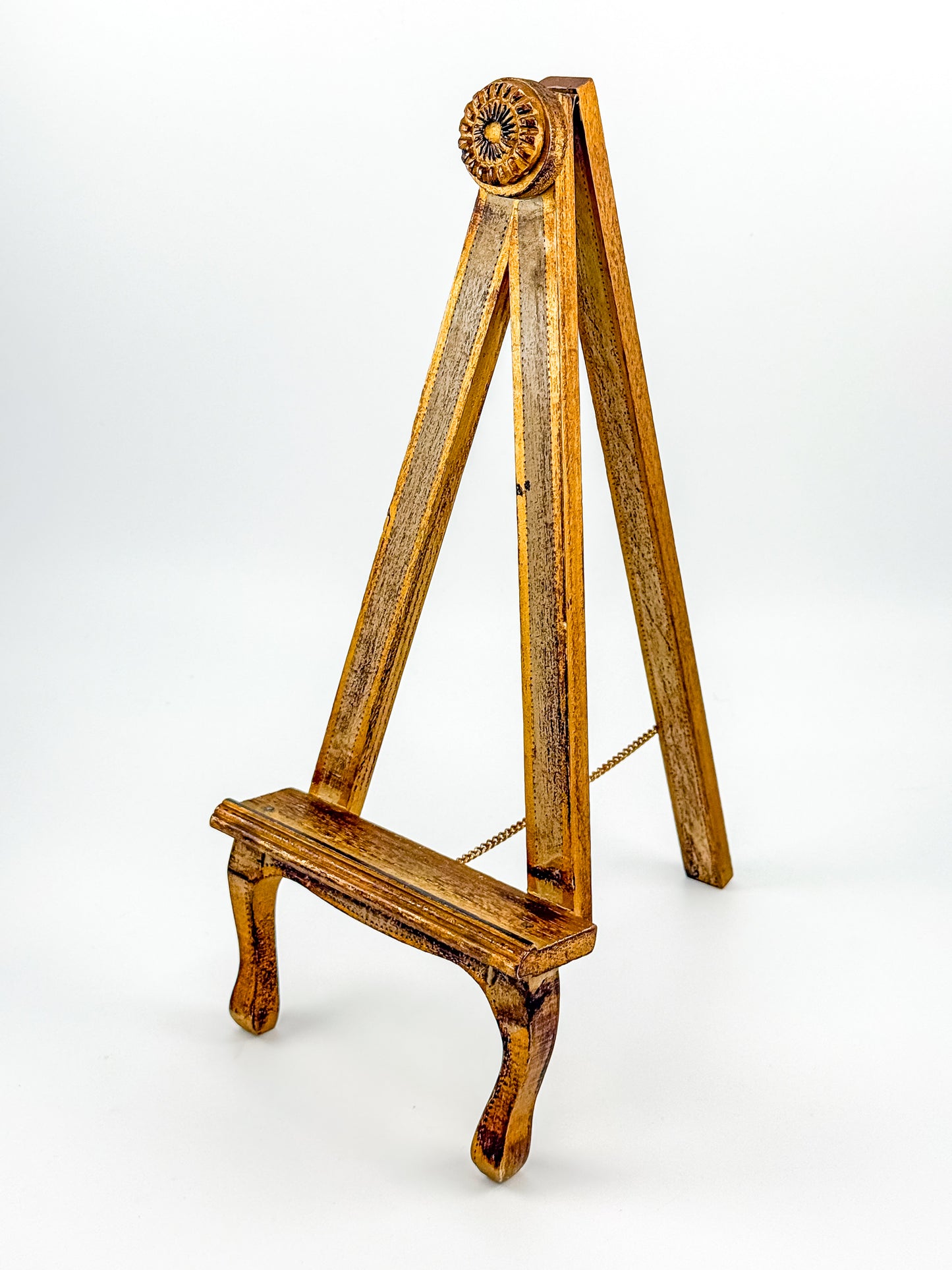 Vintage Florentine Style Wood Tabletop Easel with Gold Patina, Carved Rosette Pivot and Scrolled Feet, Art Stand Picture Holder
