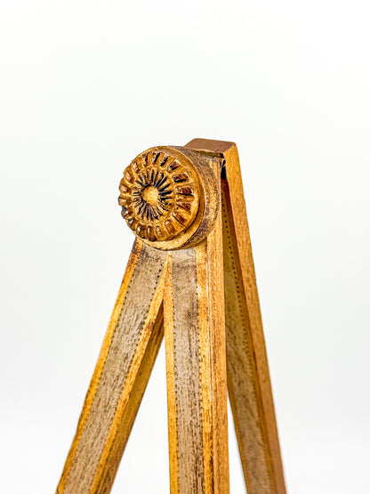 Vintage Florentine Style Wood Tabletop Easel with Gold Patina, Carved Rosette Pivot and Scrolled Feet, Art Stand Picture Holder