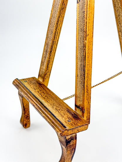 Vintage Florentine Style Wood Tabletop Easel with Gold Patina, Carved Rosette Pivot and Scrolled Feet, Art Stand Picture Holder