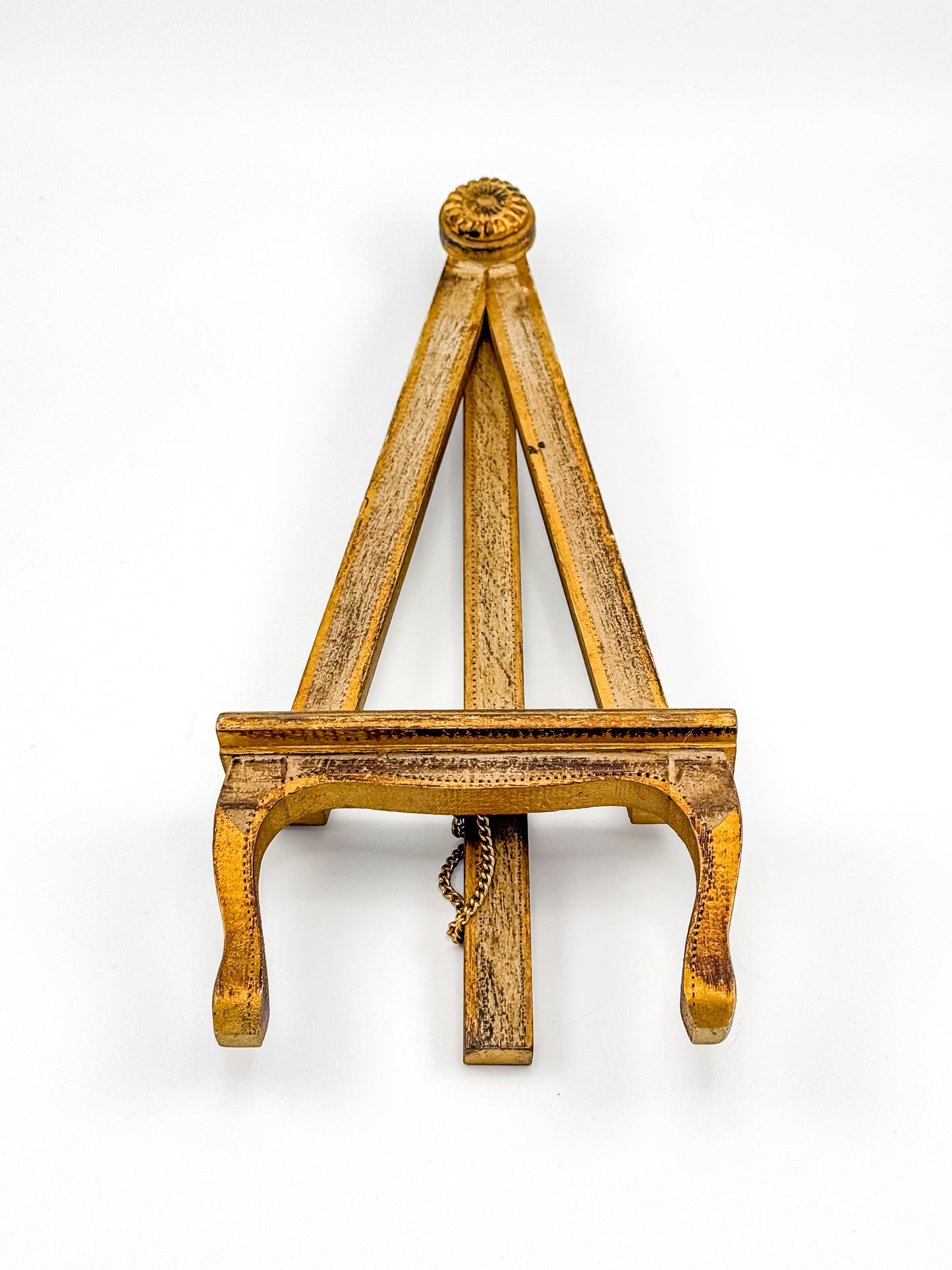 Vintage Florentine Style Wood Tabletop Easel with Gold Patina, Carved Rosette Pivot and Scrolled Feet, Art Stand Picture Holder