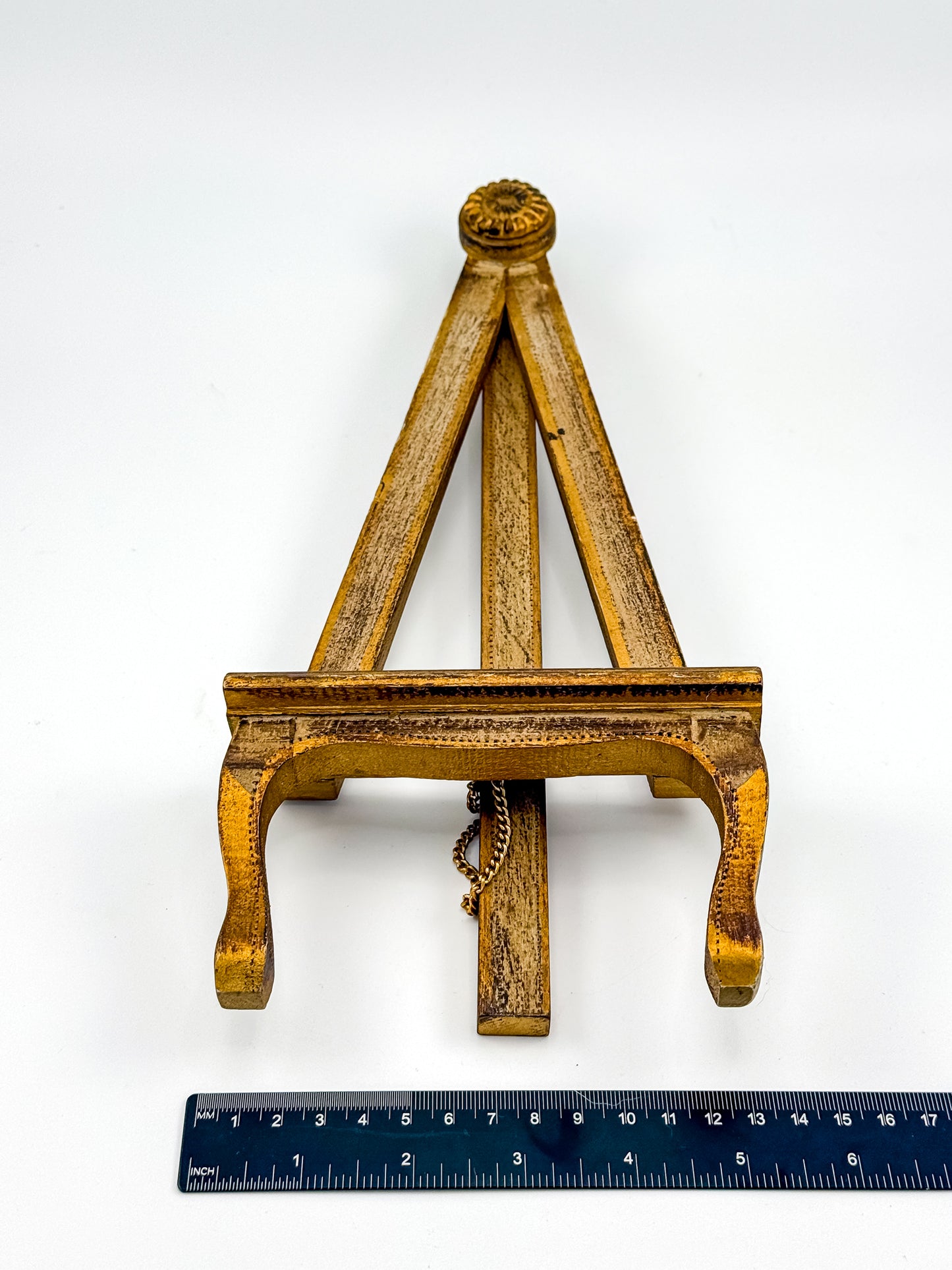 Vintage Florentine Style Wood Tabletop Easel with Gold Patina, Carved Rosette Pivot and Scrolled Feet, Art Stand Picture Holder
