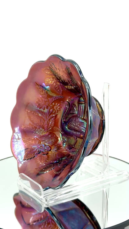 Millersburg Peacock Berry Bowl | No Bee | Red Amberina Carnival Glass | Early 1900s