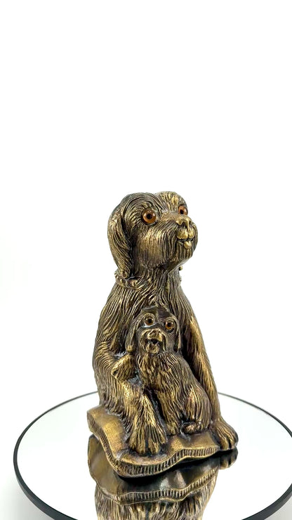 Vintage Bronze-Tone Dog & Pup Figurine with Orange Eyes — Hollow Base